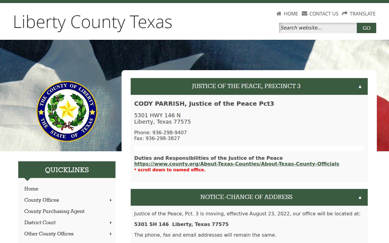 Liberty County bench warrant questions through the JP Precinct 3 court contact and payment page