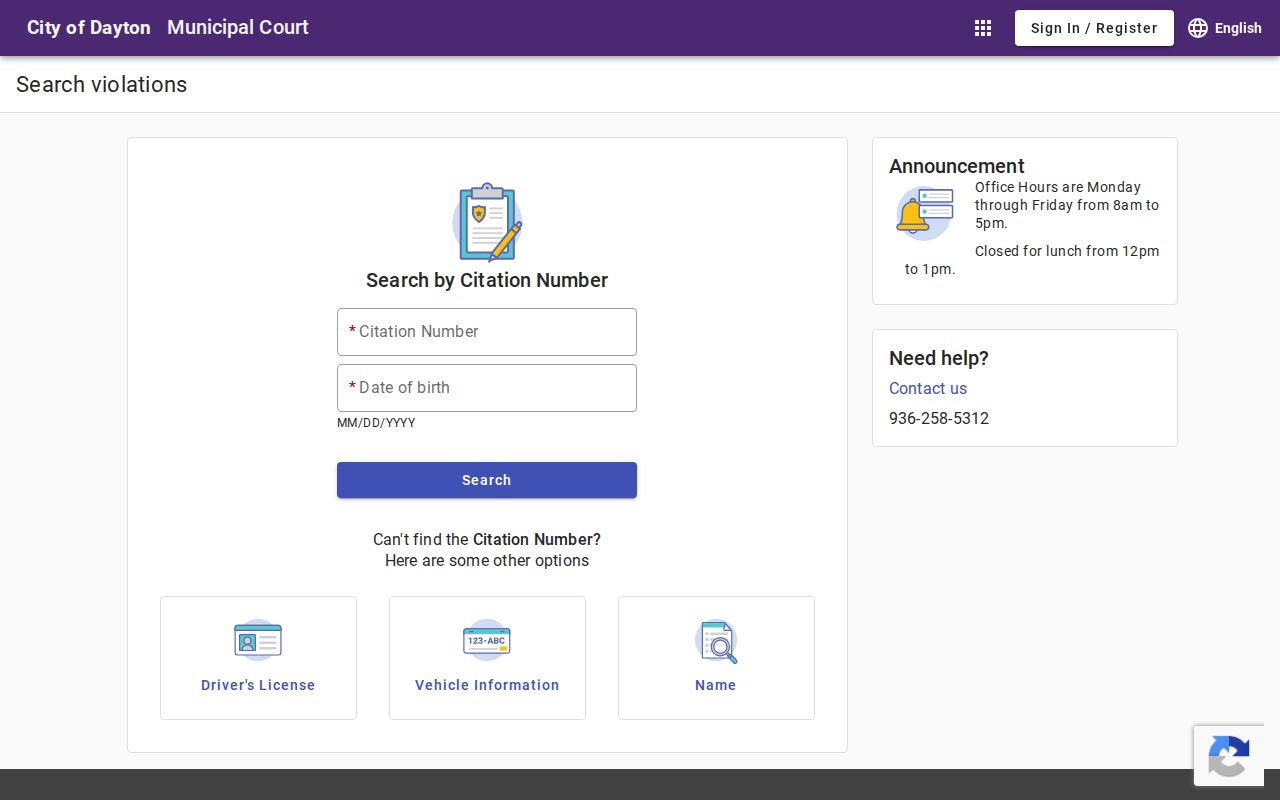 Dayton warrant search fields on the official Municipal Court portal