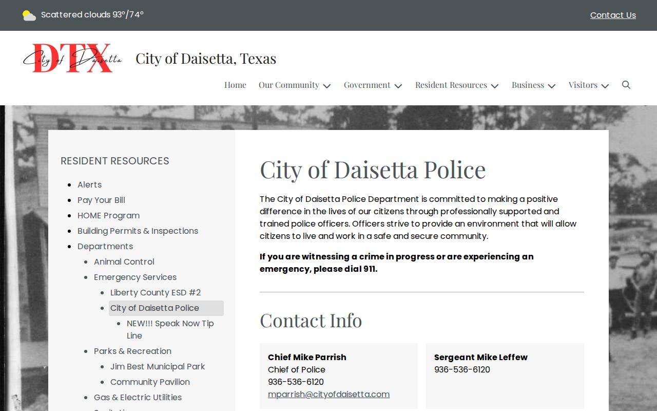Liberty County Daisetta warrant and police record contacts on the official city police page