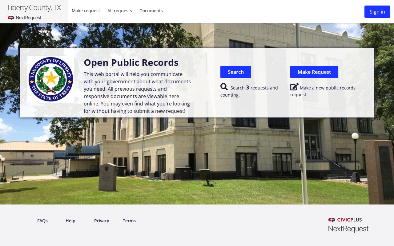 Liberty County warrant record request portal showing search and make-request controls